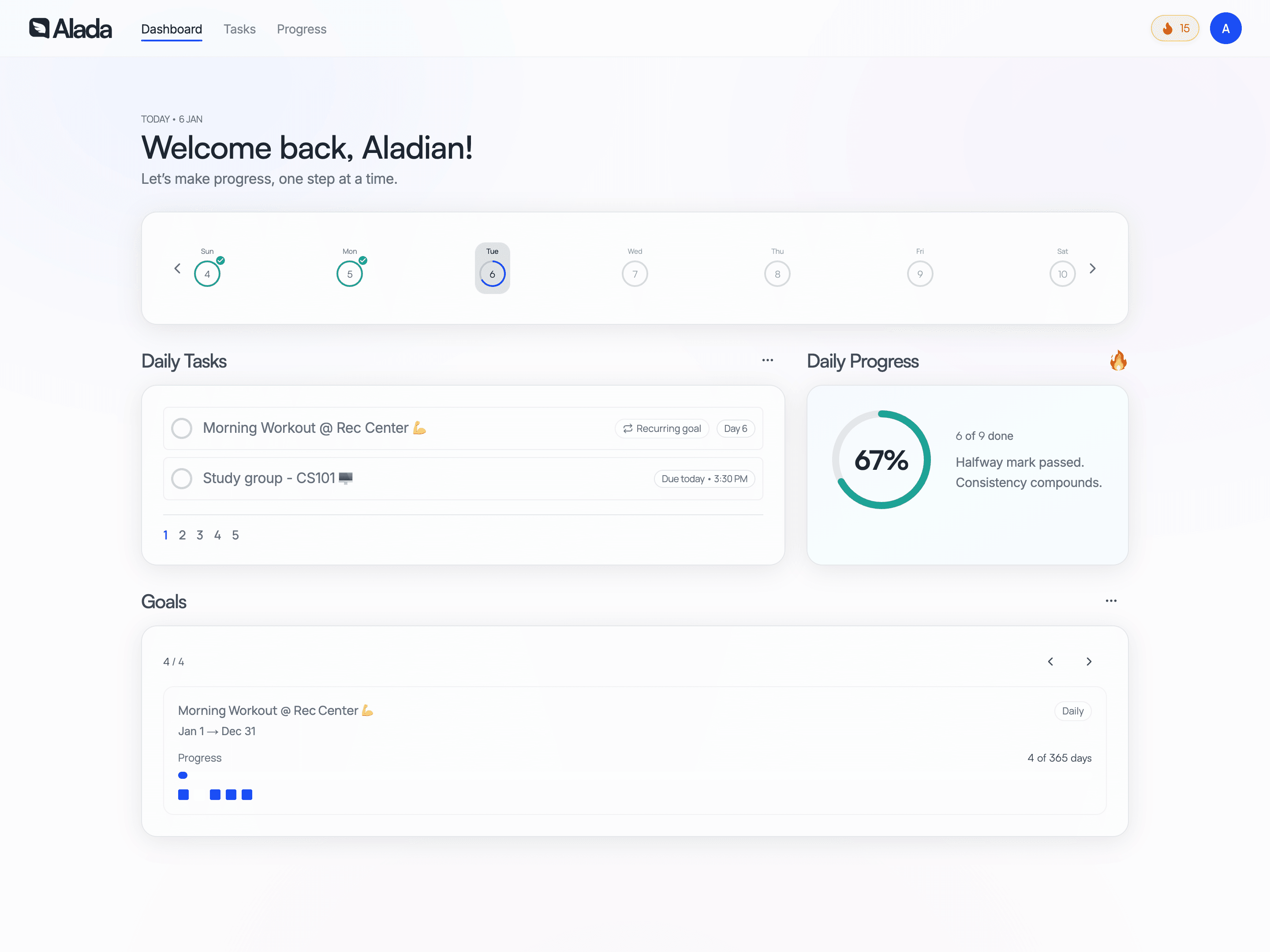 Alada Dashboard showing weekly progress, streaks, and tasks