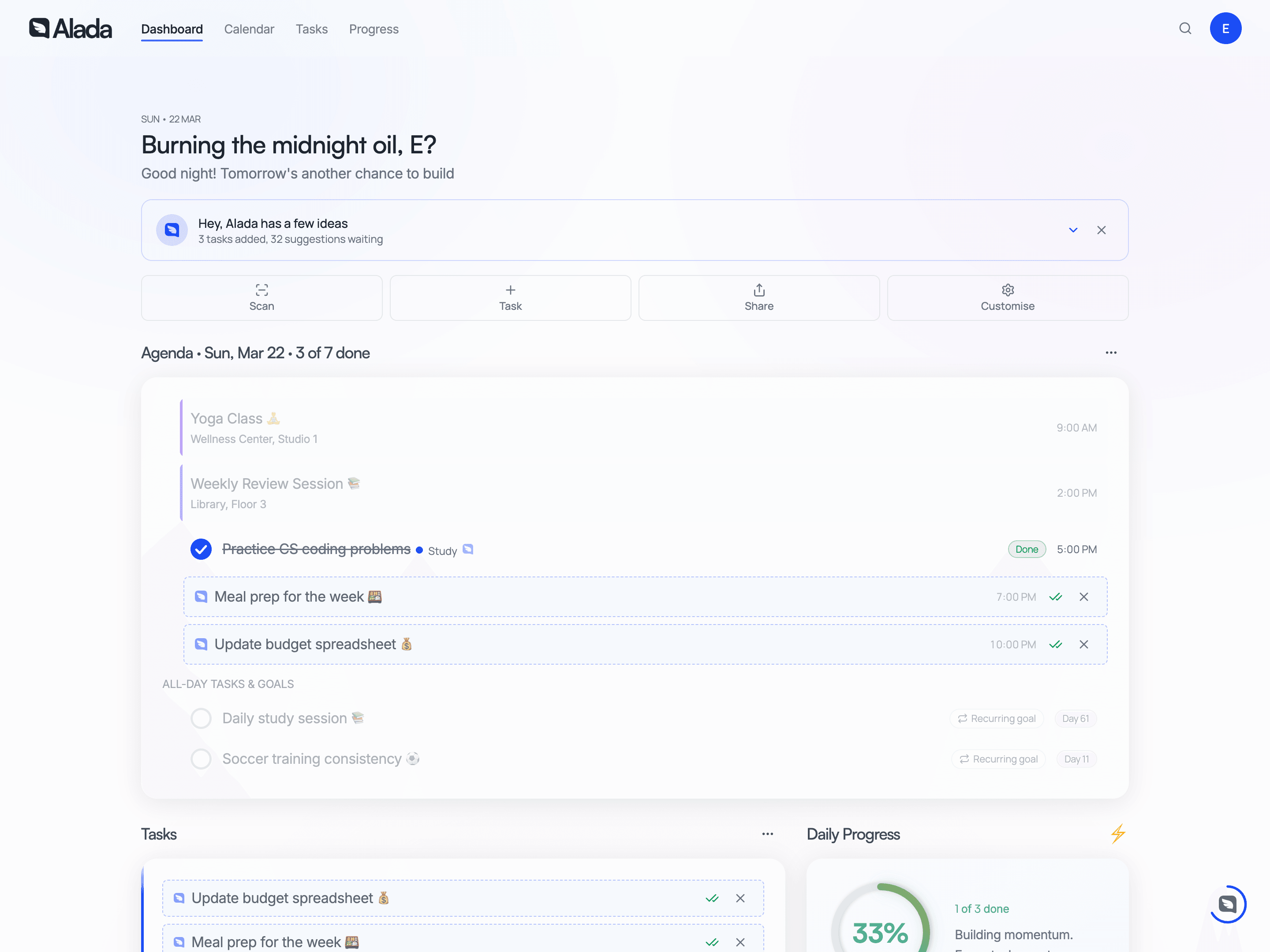 Alada Dashboard showing weekly progress, streaks, and tasks