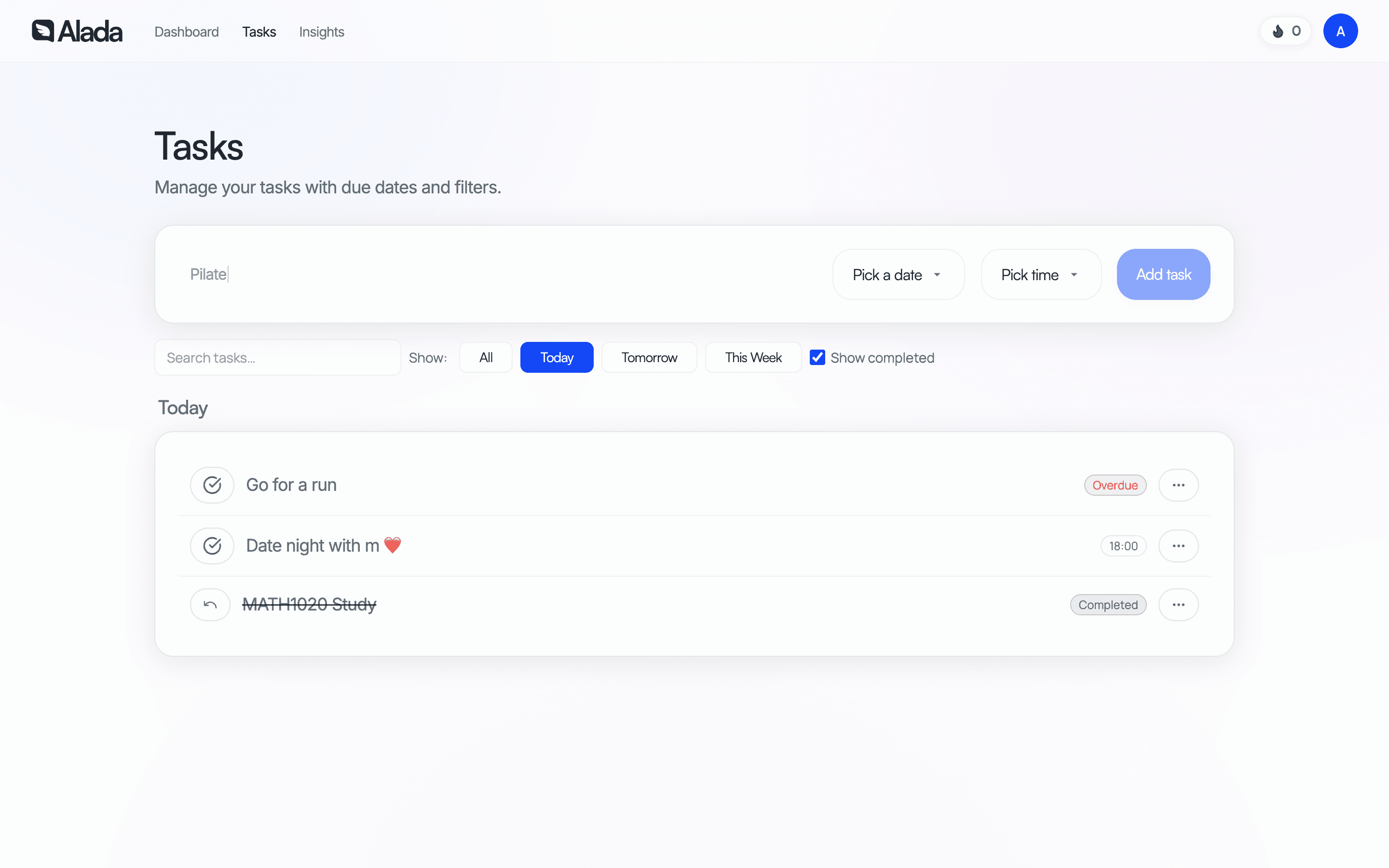 Tasks view showing simple task management